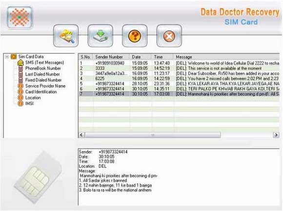 Screenshot of SIM Card Data Recovery Utility