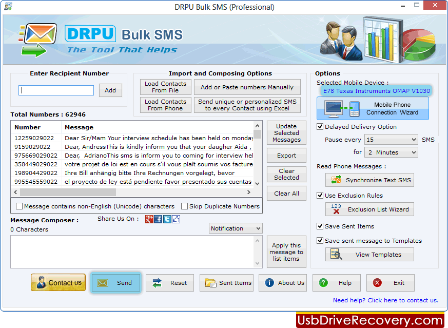 Opções de importação e composição Software em massa de SMS - Profissional
